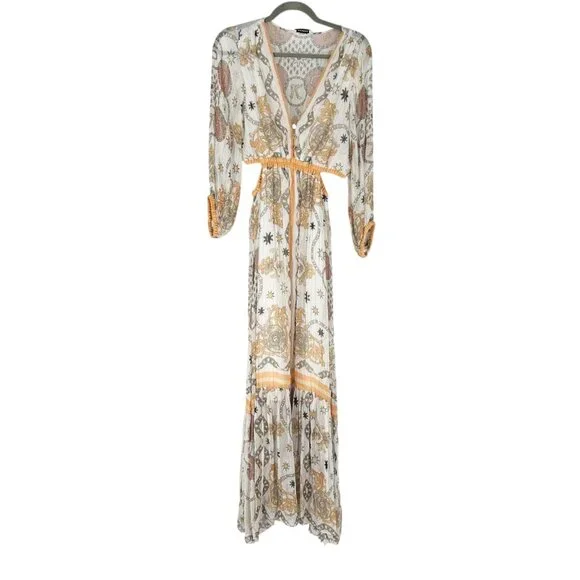 NWT Sandro Valldemossa Metallic Scarf Print Cutout Maxi Dress 36 - Picture 2 of 14